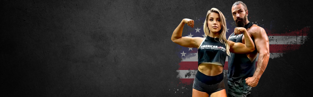 Two muscular individuals flexing their arms in front of an American flag on a dark background